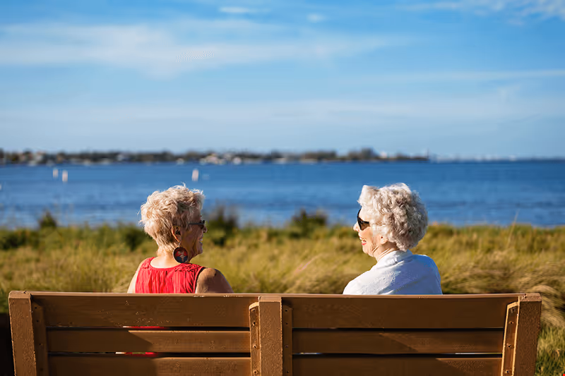 Two elderly women sitting on a wooden bench facing a body of water with grass and shrubs in the foreground and a clear blue sky above.