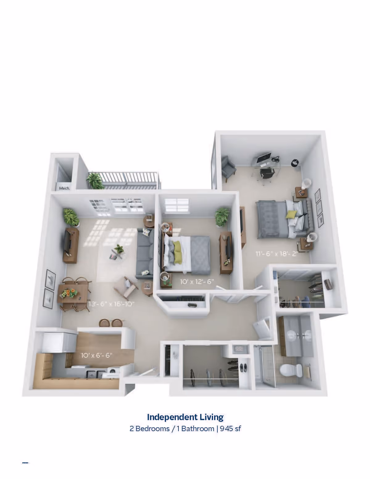 3D floor plan of an independent living apartment with 2 bedrooms, 1 bathroom, a kitchen, dining area, living room, and closets. The layout includes furniture such as beds, sofas, dining table, and kitchen appliances. Dimensions of rooms are labeled.