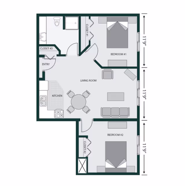 Floor plan of a two-bedroom apartment at The Ridge at Madison, showing an entry area, kitchen with dining table, living room, two bedrooms each with a closet, and a bathroom with a toilet and shower.
