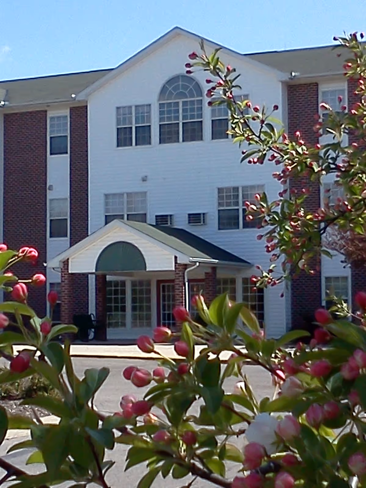 Exterior view of a multi-story senior living facility building with a white and brick facade, large windows, and a covered entrance. Pink flower buds and green leaves are visible in the foreground.
