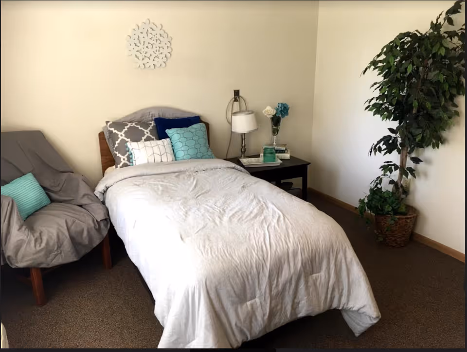 A cozy bedroom with a single bed covered in a light gray comforter and multiple decorative pillows in shades of gray, blue, and turquoise. Next to the bed is a black nightstand with a lamp, a vase with flowers, and some books. To the left of the bed is a gray armchair with a turquoise pillow. A large potted plant is placed in the corner of the room. The walls are plain and light-colored with a decorative white wall hanging above the bed.