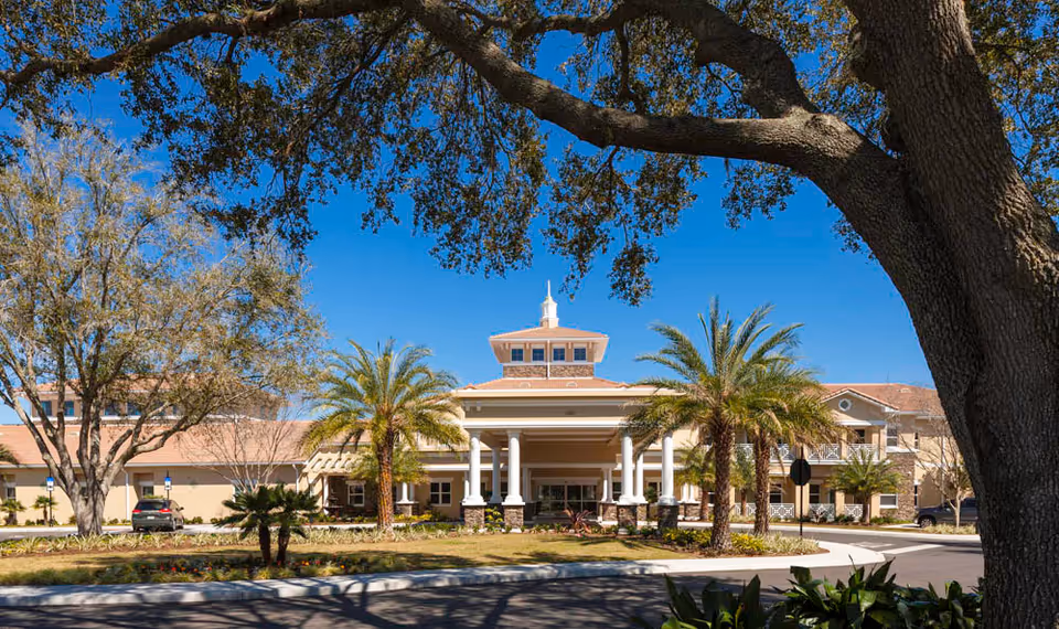 Front exterior view of HarborChase of Villages Crossing senior living facility with a circular driveway, palm trees, and large oak trees under a clear blue sky.