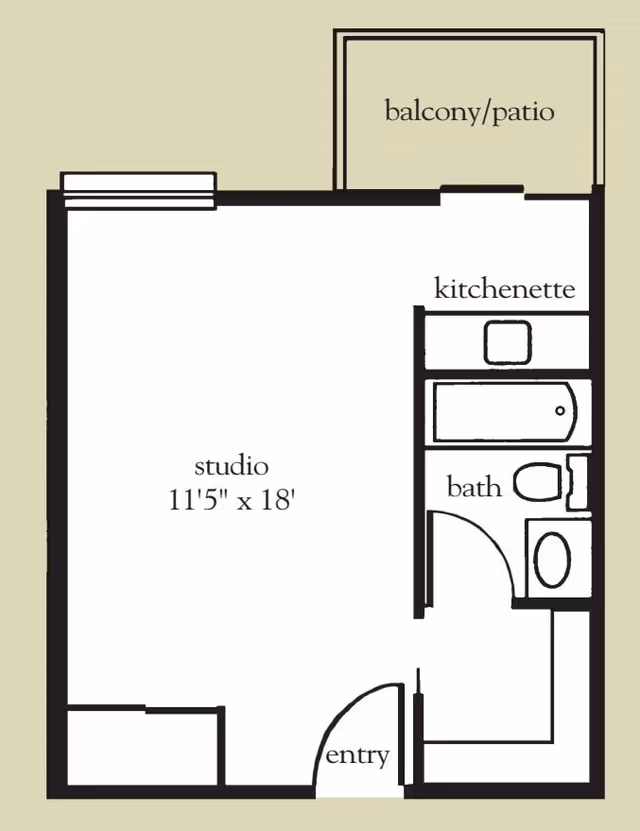 Floor plan of a studio apartment at Vitality Living Spring Hill showing an entryway leading into a studio space measuring 11 feet 5 inches by 18 feet, a kitchenette, a bathroom with a bathtub, toilet, and sink, and a balcony or patio area.