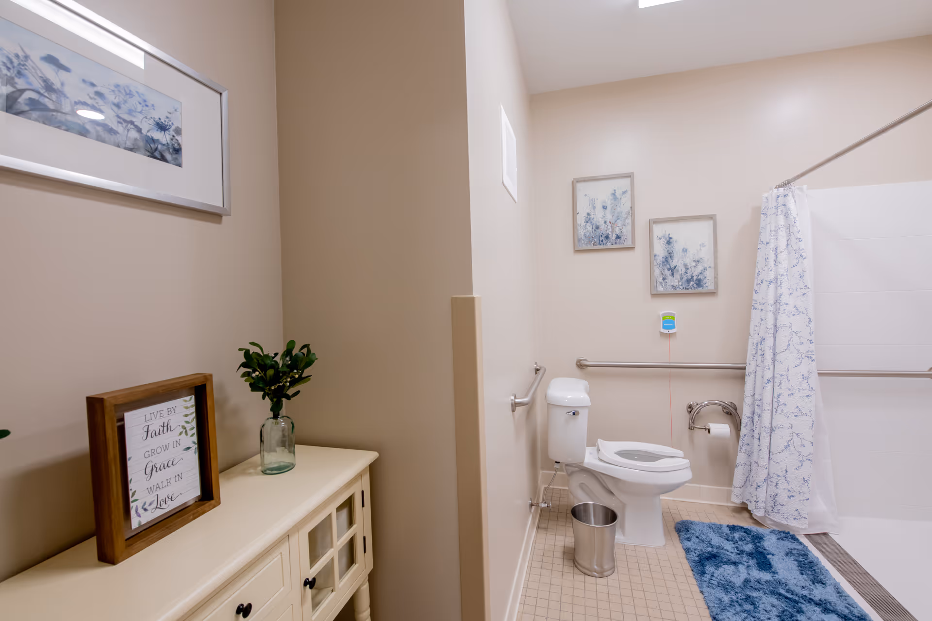A clean and accessible bathroom with a white toilet, grab bars on the walls, a blue patterned shower curtain, and a blue bath mat. There are two framed floral pictures on the wall above the toilet. A small cabinet with a framed inspirational quote and a small plant in a glass vase is visible on the left side.