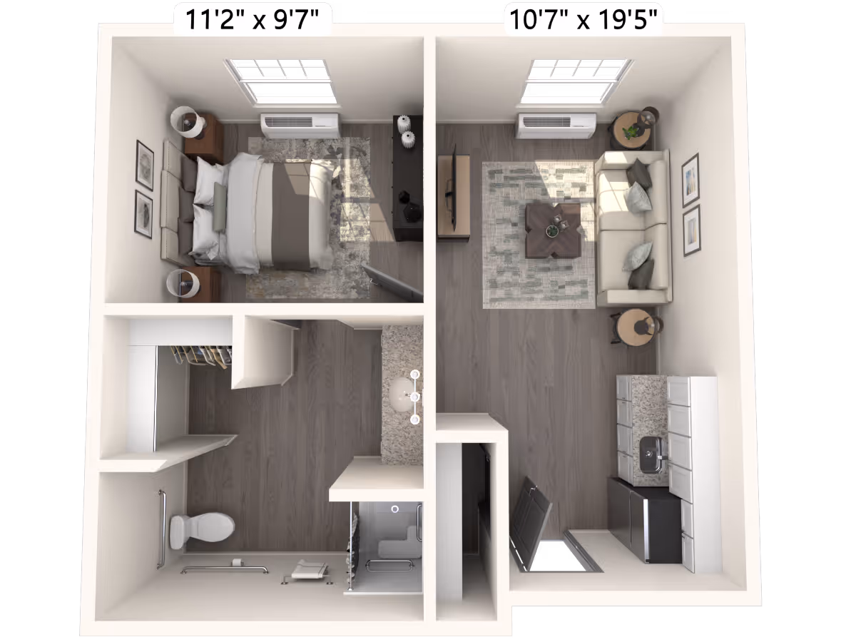 Top-down 3D rendered floor plan of a one-bedroom apartment showing a bedroom, living area with kitchenette, bathroom, and closet with room dimensions labeled.