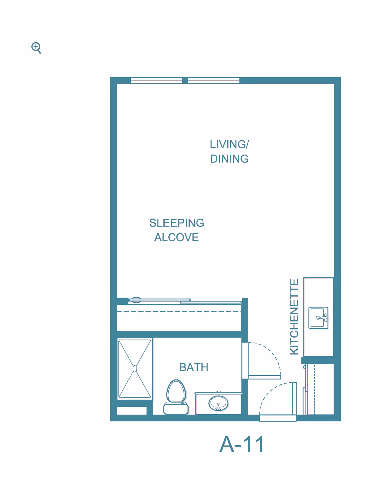 Floor plan of unit A-11 at Arlington Plaza, featuring a living/dining area, sleeping alcove, kitchenette, and bathroom.