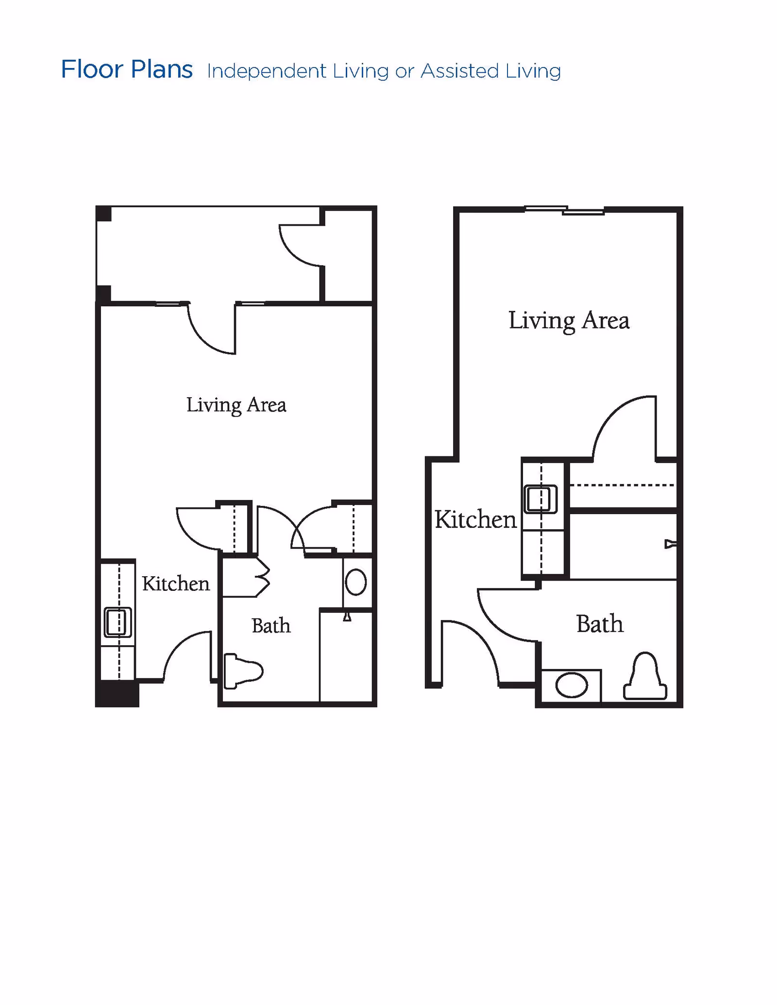 Two architectural floor plans for independent living or assisted living units, each showing a living area, kitchen, and bathroom layout.