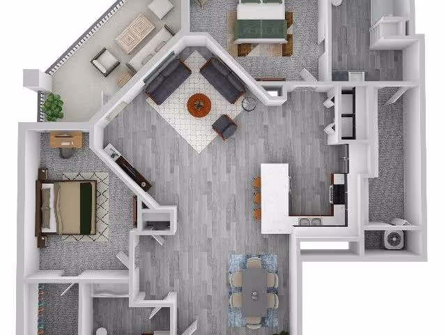 Top-down 3D floor plan of a residential unit showing a bedroom with a bed and nightstand, a living room with two sofas, an armchair, and a coffee table, a dining area with a table and six chairs, and a kitchen with an island and bar stools. The layout also includes closets and a balcony area.