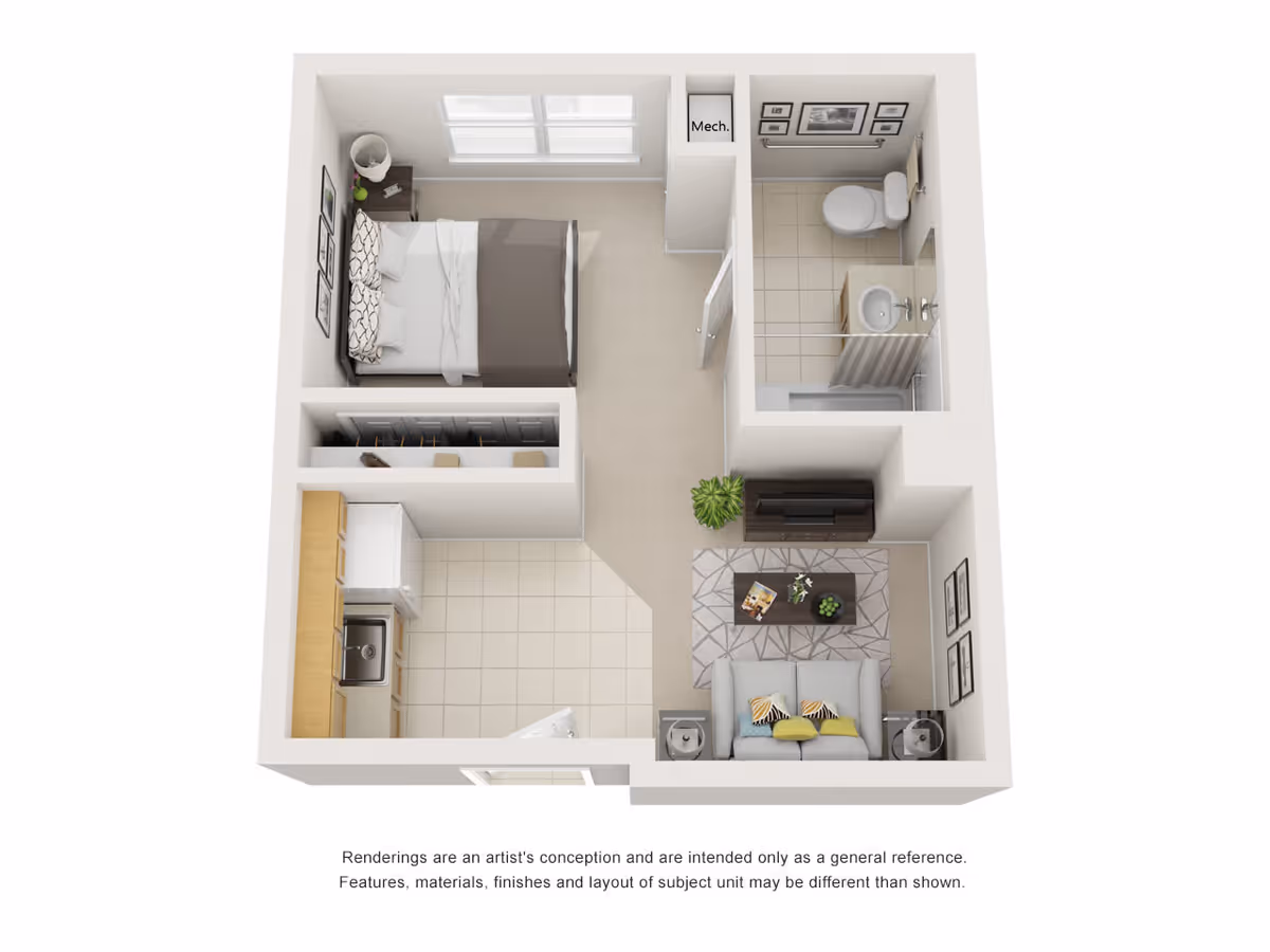 3D floor plan of a small apartment unit showing a bedroom with a bed and nightstand, a bathroom with a toilet, sink, and shower, a kitchen area with cabinets and a sink, and a living room with a sofa, coffee table, TV stand, and decorative plants.