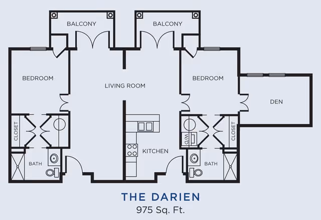 Floor plan of The Darien apartment at Gardens of Gainesville, showing a layout with two bedrooms, two bathrooms, a kitchen, living room, den, closets, and two balconies, covering 975 square feet.