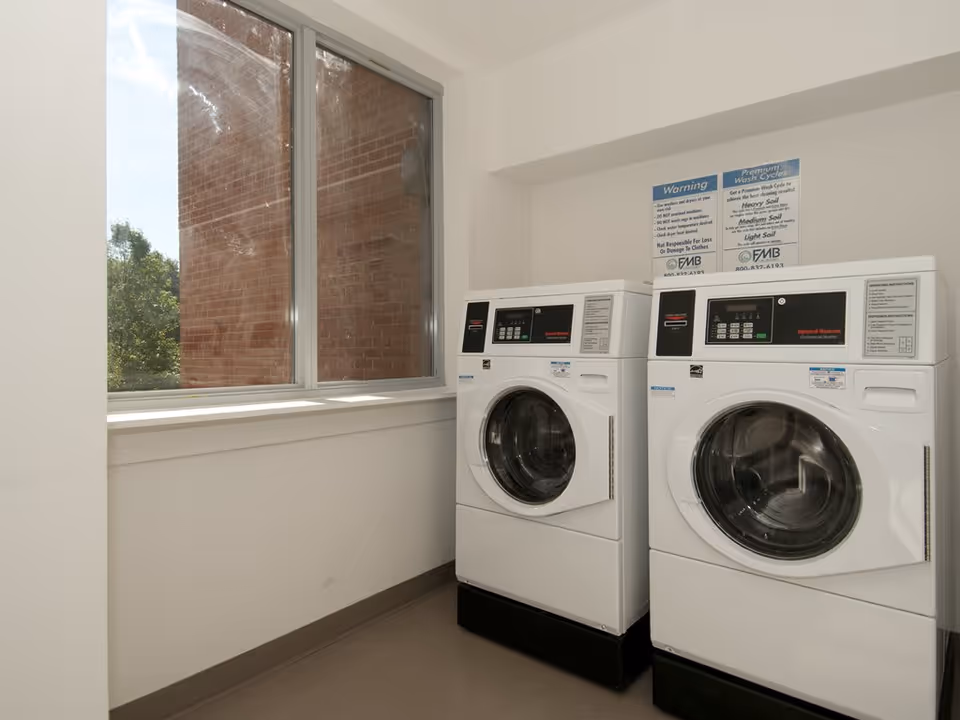 Laundry room with two white front-loading washing machines placed side by side under a window showing an outside brick wall and some greenery.