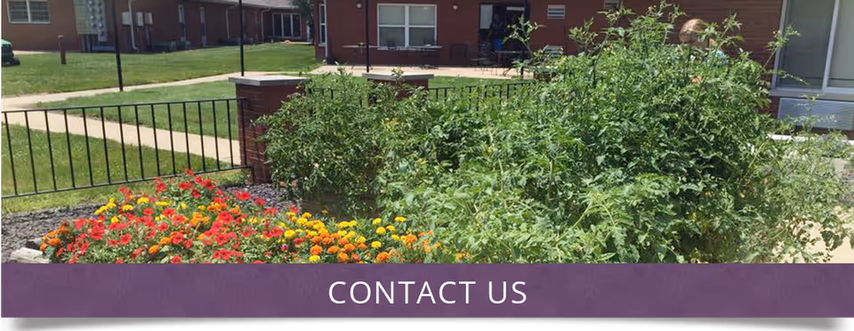 A landscaped garden bed with colorful flowers and dense shrubs in front of a brick building and walkway, with a purple 'CONTACT US' banner at the bottom.