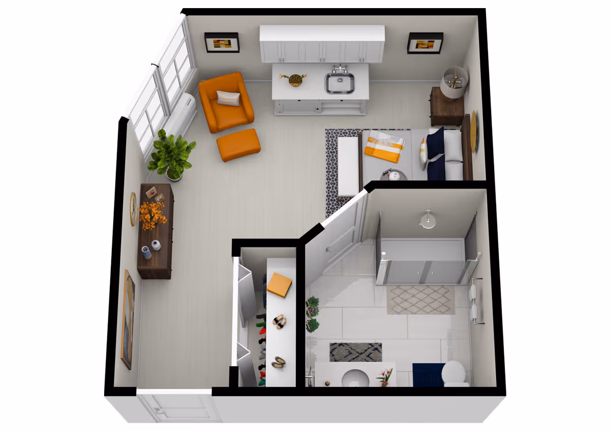 3D floor plan of a small apartment unit featuring a living area with an orange armchair and ottoman, a kitchenette with a sink and cabinets, a small couch with a coffee table, a closet with shoes and clothes, and a bathroom with a shower, toilet, and sink.