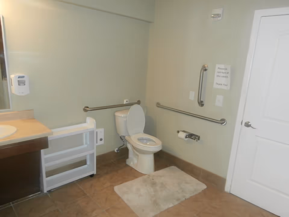 A bathroom with a toilet that has the seat lid open, grab bars on the walls for accessibility, a white door, a beige floor mat, a sink countertop partially visible on the left, and a soap dispenser mounted on the wall.