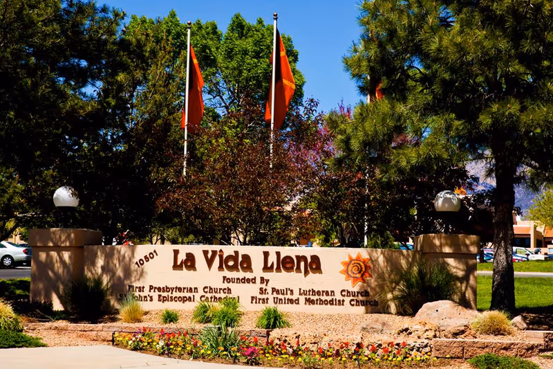 Landscaped entrance with a stone sign reading 'La Vida Llena' flanked by trees, flagpoles, and lamps.