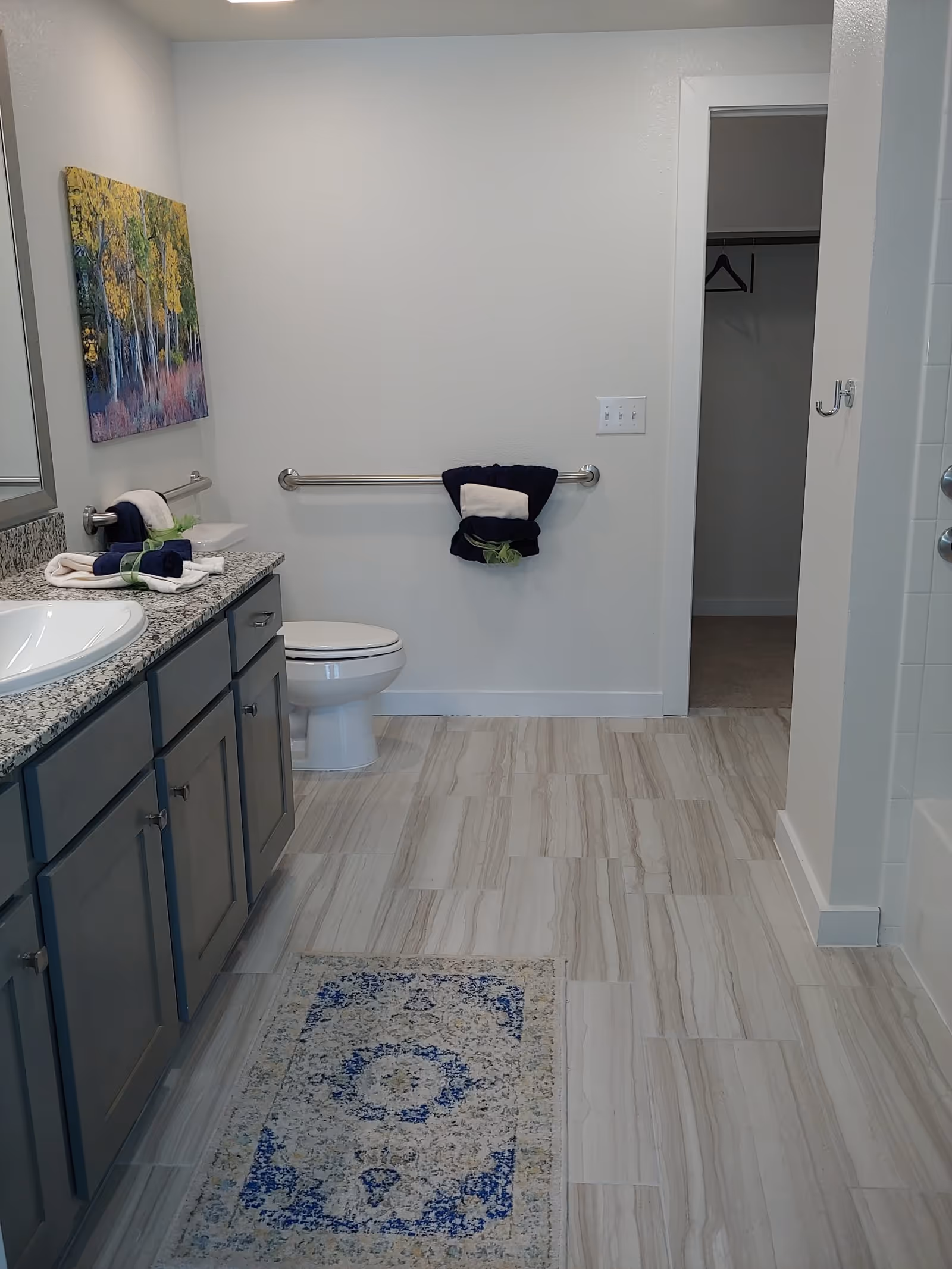 Well-lit modern bathroom with a granite-topped vanity, toilet with grab bar, decorative towels, and a tiled floor leading to a closet.