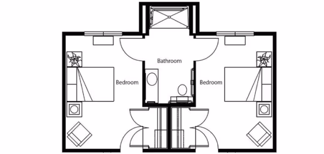 Black-and-white floor plan showing two mirrored bedrooms flanking a central bathroom with entry doors and closets.