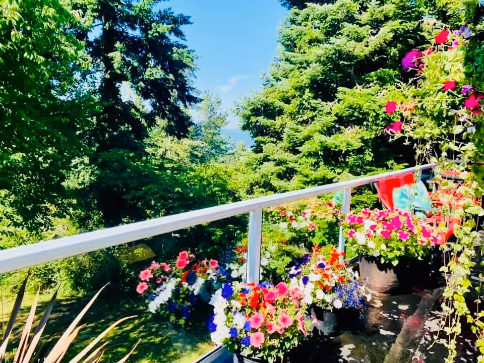 A balcony garden with a variety of colorful flowers in pots along a glass railing, surrounded by lush green trees under a clear blue sky.