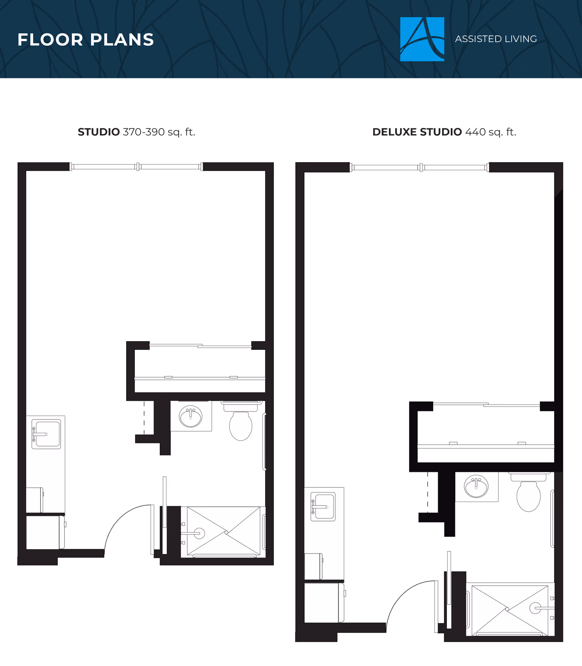 Floor plans for two assisted living studio apartments. The left plan is a studio apartment measuring 370-390 sq. ft. with a kitchenette, bathroom with shower, sink, and toilet. The right plan is a deluxe studio apartment measuring 440 sq. ft. with a similar layout including a kitchenette and bathroom with shower, sink, and toilet. Both plans show entry doors and windows.
