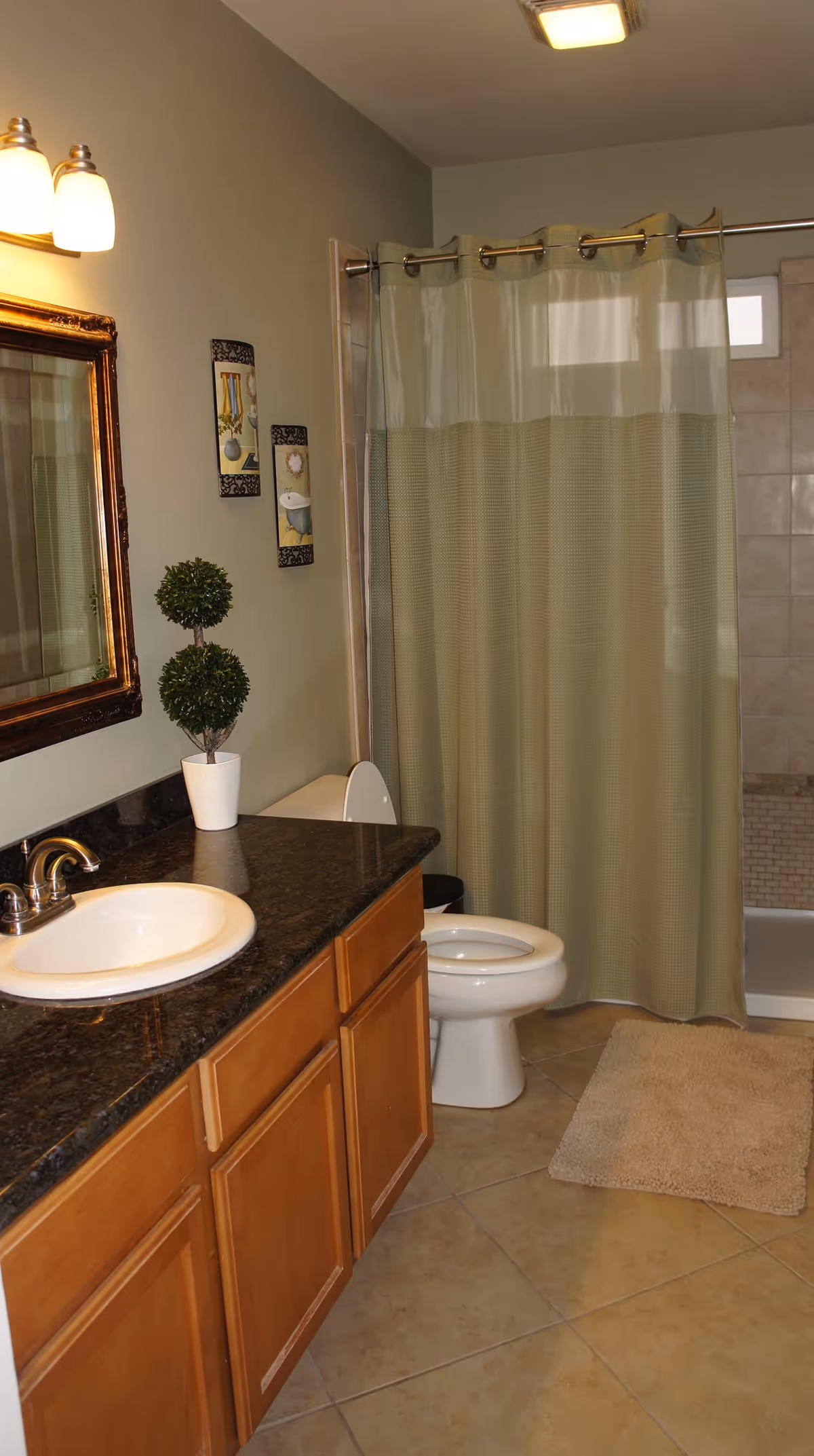 A bathroom with a wooden vanity topped with a dark granite countertop and a white sink. Above the sink is a framed mirror and a light fixture with two bulbs. Next to the vanity is a toilet, and behind it is a shower with a beige and green shower curtain. The floor is tiled, and there is a beige bath mat in front of the shower. Two decorative wall hangings and a small potted plant are also visible.