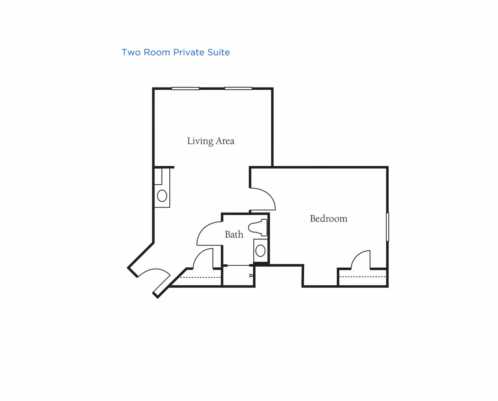 Floor plan layout of a two-room private suite showing a living area, bedroom, and bathroom.