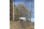 Exterior view of Heritage Towers with brick steps and a sign beside trees.