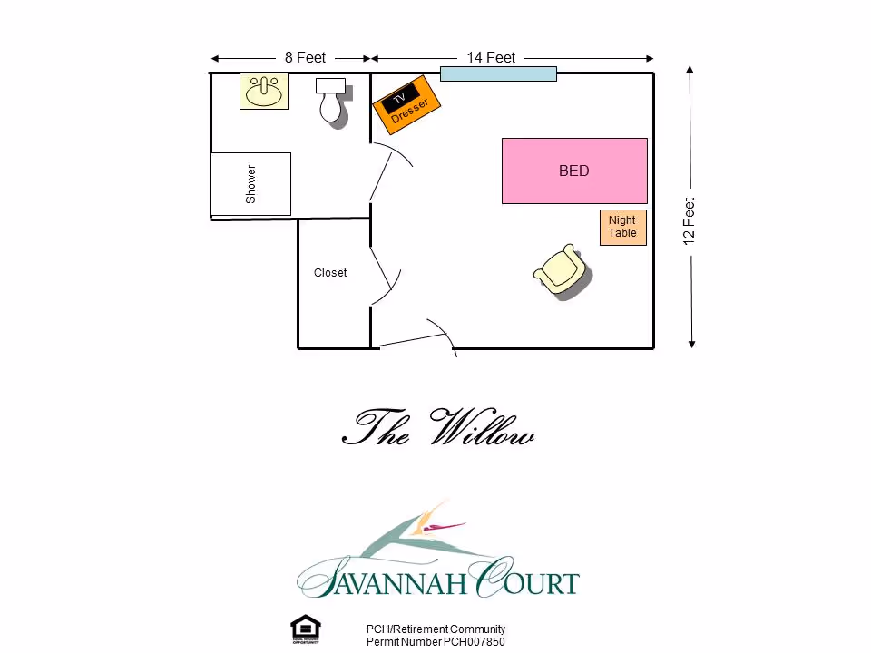 Floor plan of a senior living unit named The Willow at Savannah Court of Milledgeville, showing a bedroom area with a bed, night table, chair, TV dresser, a closet, and a bathroom with a shower, sink, and toilet. Dimensions are 14 feet by 12 feet for the main room and 8 feet for the bathroom width.