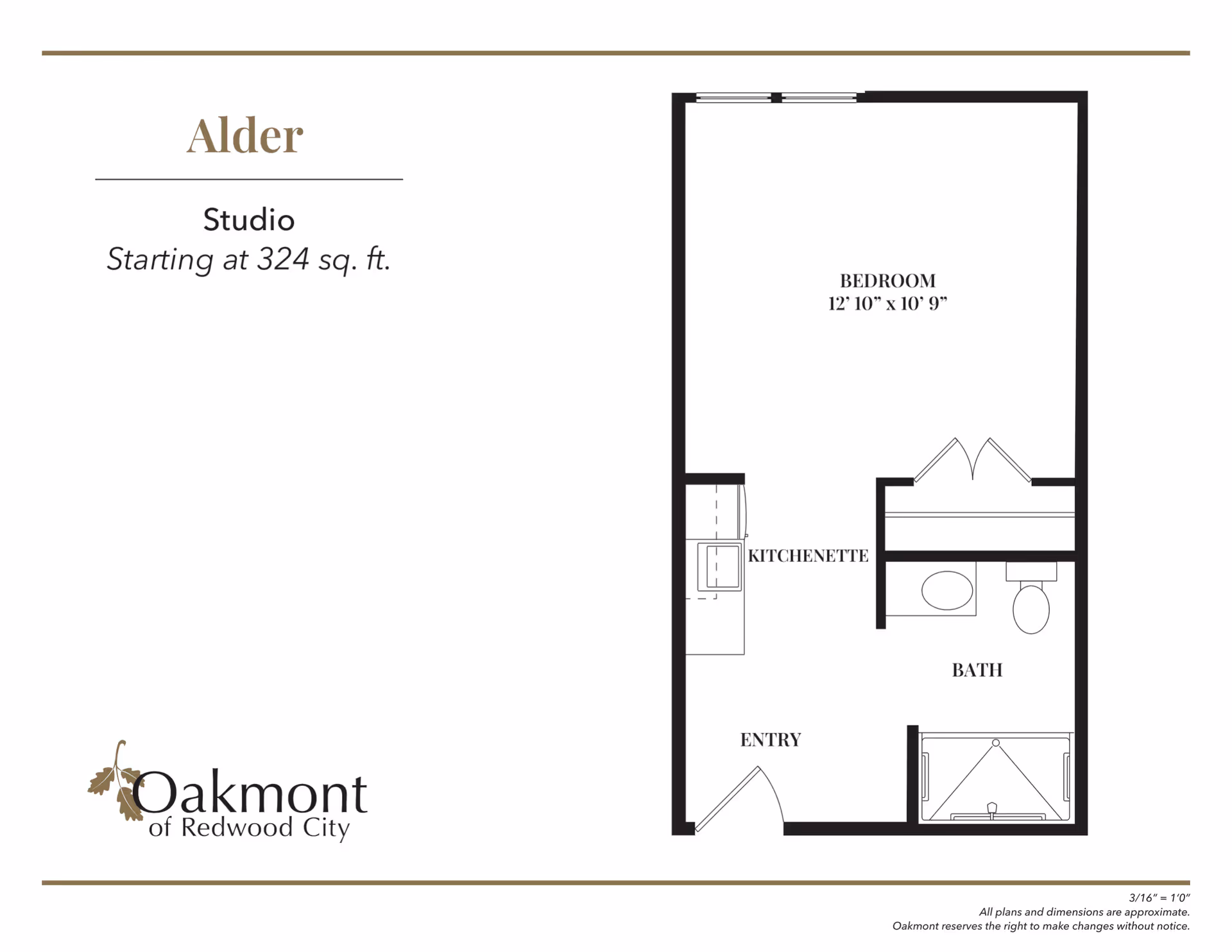 Floor plan of a studio apartment named Alder at Oakmont of Redwood City, showing an entry area, kitchenette, bedroom measuring 12'10" x 10'9", and a bathroom.