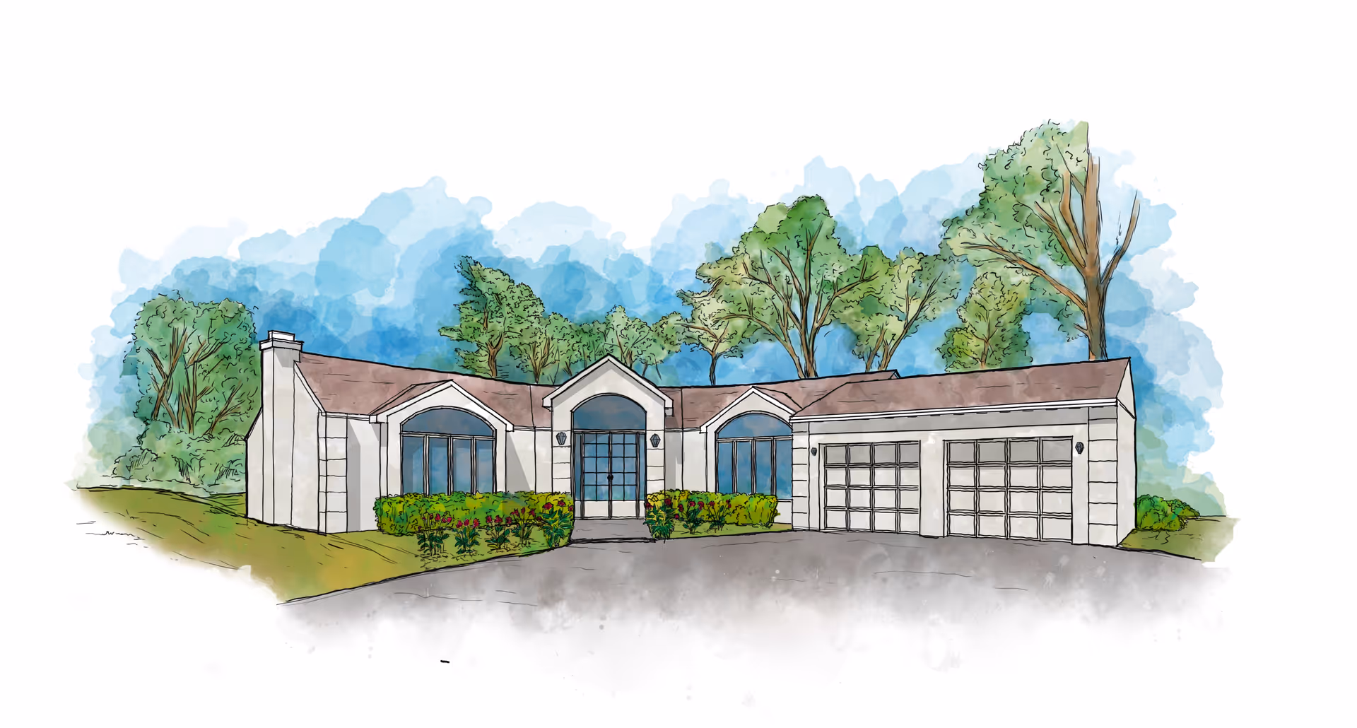 Watercolor-style illustration of a single-story residential building with a central entrance, large windows, a chimney on the left side, and a three-car garage on the right. The building is surrounded by green bushes and tall trees in the background under a blue sky.