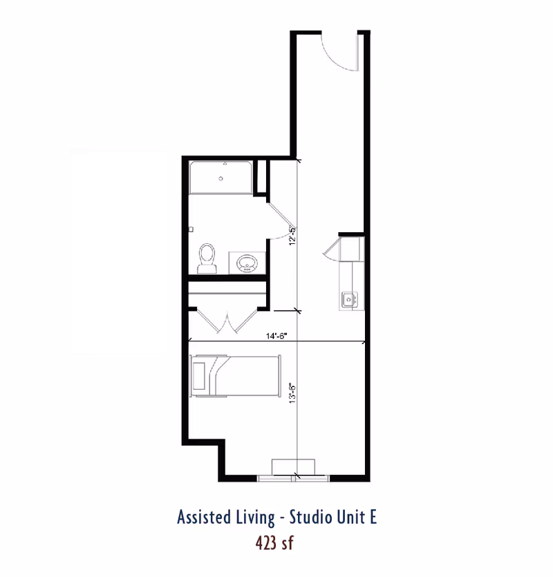 Floor plan of an assisted living studio unit labeled Studio Unit E with a total area of 423 square feet. The layout includes a combined living and sleeping area with a bed, a bathroom with a toilet, sink, and bathtub, and a small kitchenette area near the entrance.