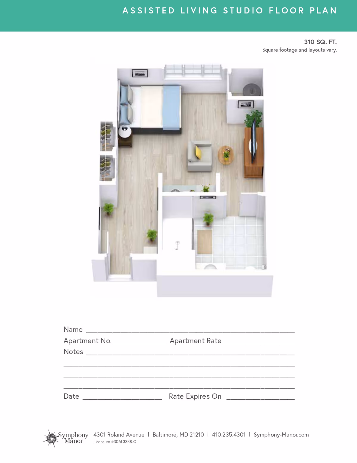 Top-down studio floor plan showing a bed, seating area, kitchenette and bathroom under the header 'Assisted Living Studio Floor Plan'.