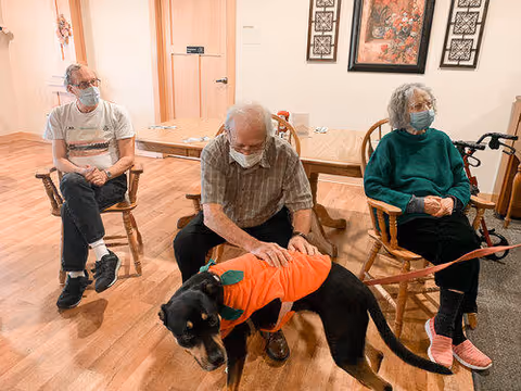 Three elderly people wearing face masks sitting on wooden chairs in a room with wooden flooring. One man in the center is petting a black dog dressed in an orange outfit. The room has a table in the background and framed artwork on the wall.