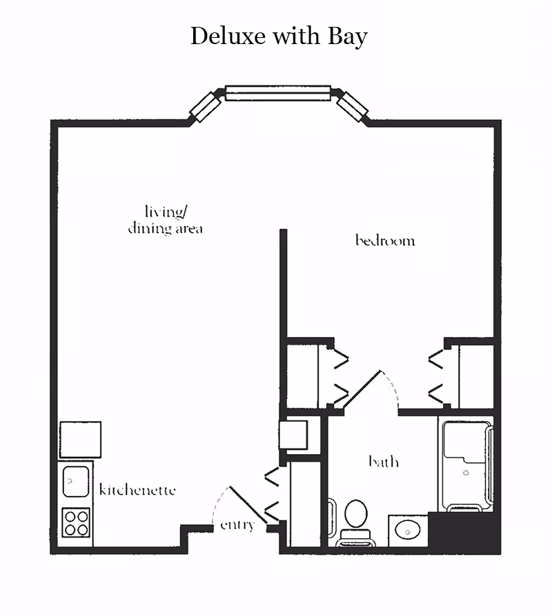 Floor plan titled Deluxe with Bay showing a layout with a living/dining area, kitchenette, entry, bedroom, and bath.
