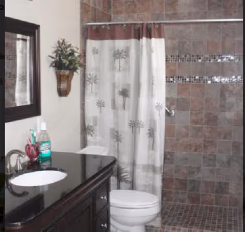 Small bathroom with a tiled walk-in shower, palm-tree patterned curtain, toilet, and dark vanity with sink and mirror.