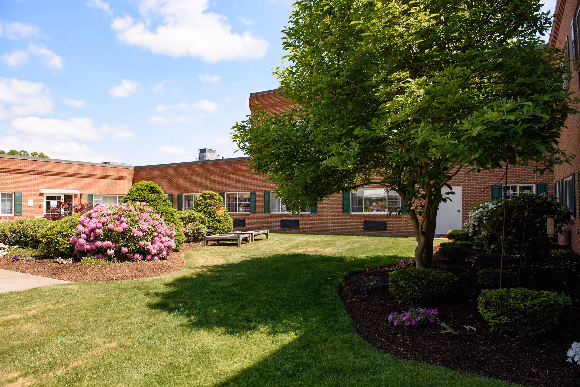 A sunny outdoor courtyard area at Life Care Center of Auburn featuring a well-maintained lawn, blooming pink flowers, green shrubs, and a large tree. The courtyard is surrounded by a red brick building with green window shutters and several windows.