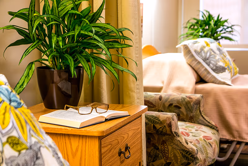 A cozy interior scene featuring a wooden side table with an open book and a pair of eyeglasses resting on it. Next to the table is a potted green plant. In the background, there is a bed with a beige blanket and decorative pillows, along with a patterned armchair.