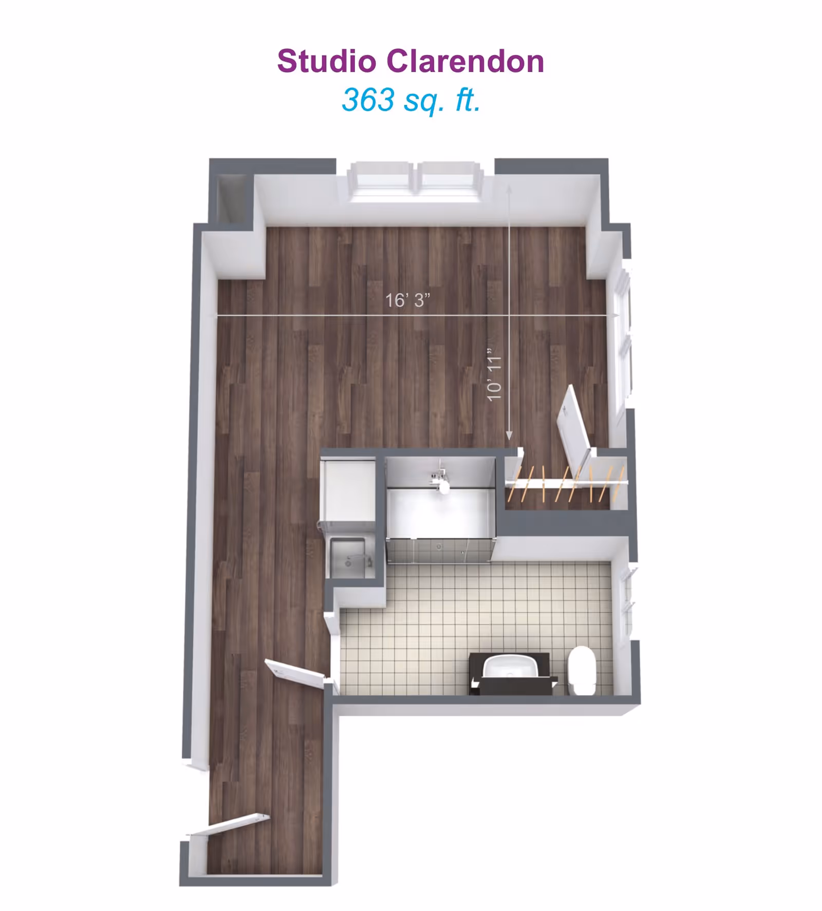 3D floor plan of a studio apartment named Studio Clarendon with 363 square feet. The layout shows a main living area with wood flooring measuring 16 feet 3 inches by 10 feet 11 inches, a small kitchen area with tiled flooring, and a bathroom with a sink, toilet, and bathtub.