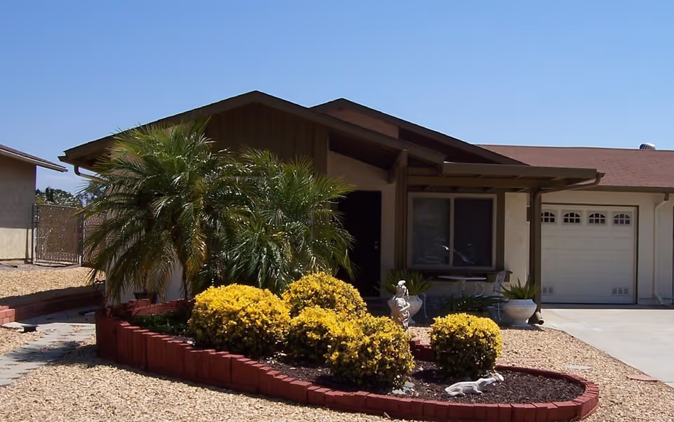 Single-story suburban house with a landscaped front yard featuring a palm, yellow shrubs, and an attached garage.