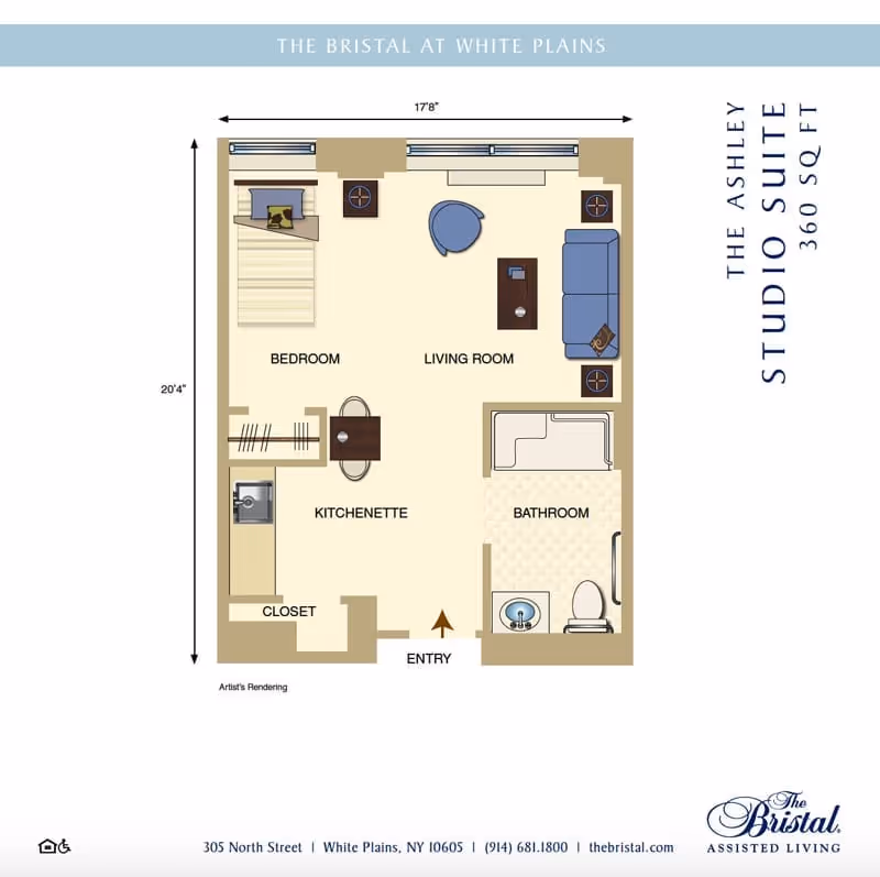 Floor plan of The Ashley Studio Suite at The Bristal Assisted Living at White Plains, showing a 360 square feet layout with labeled areas including bedroom, living room, kitchenette, closet, bathroom, and entry. The plan includes furniture placement such as a bed, sofa, chair, table, and bathroom fixtures.