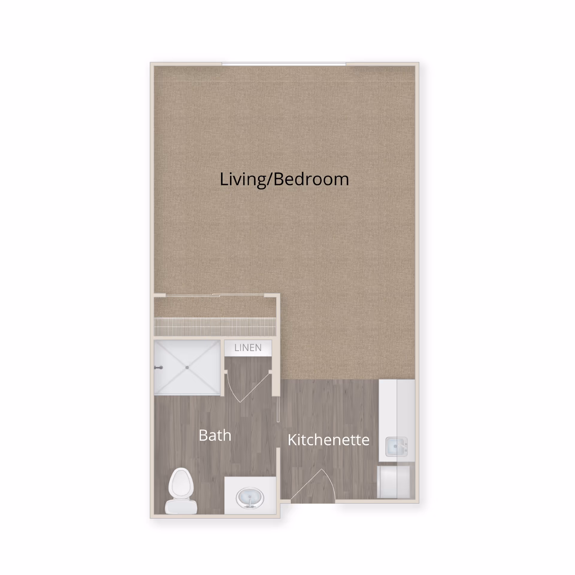Floor plan of a senior living studio unit showing a combined living and bedroom area, a kitchenette, and a bathroom with a toilet, sink, shower, and linen closet.