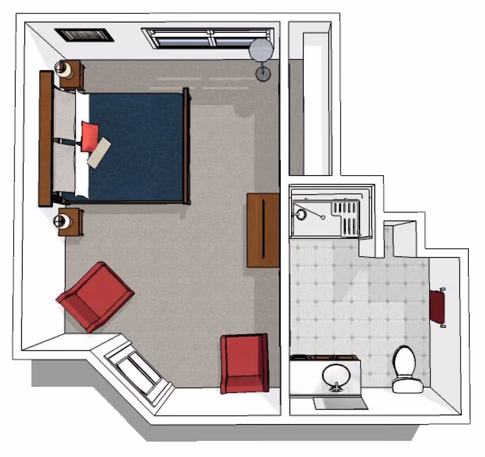 Top-down floor plan of a senior living facility room showing a bedroom and an attached bathroom. The bedroom contains a bed with two nightstands and lamps, two red armchairs, a dresser, and a floor lamp near a window. The bathroom includes a toilet, sink with vanity, and a shower.