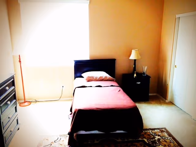 A simple bedroom with a single bed covered in a red blanket and a pillow. There is a nightstand with a lamp and a glass vase next to the bed. A dresser is visible on the left side of the room, and a window with a white blind is behind the bed. The room has beige walls and carpeted floor with a patterned rug near the bed.