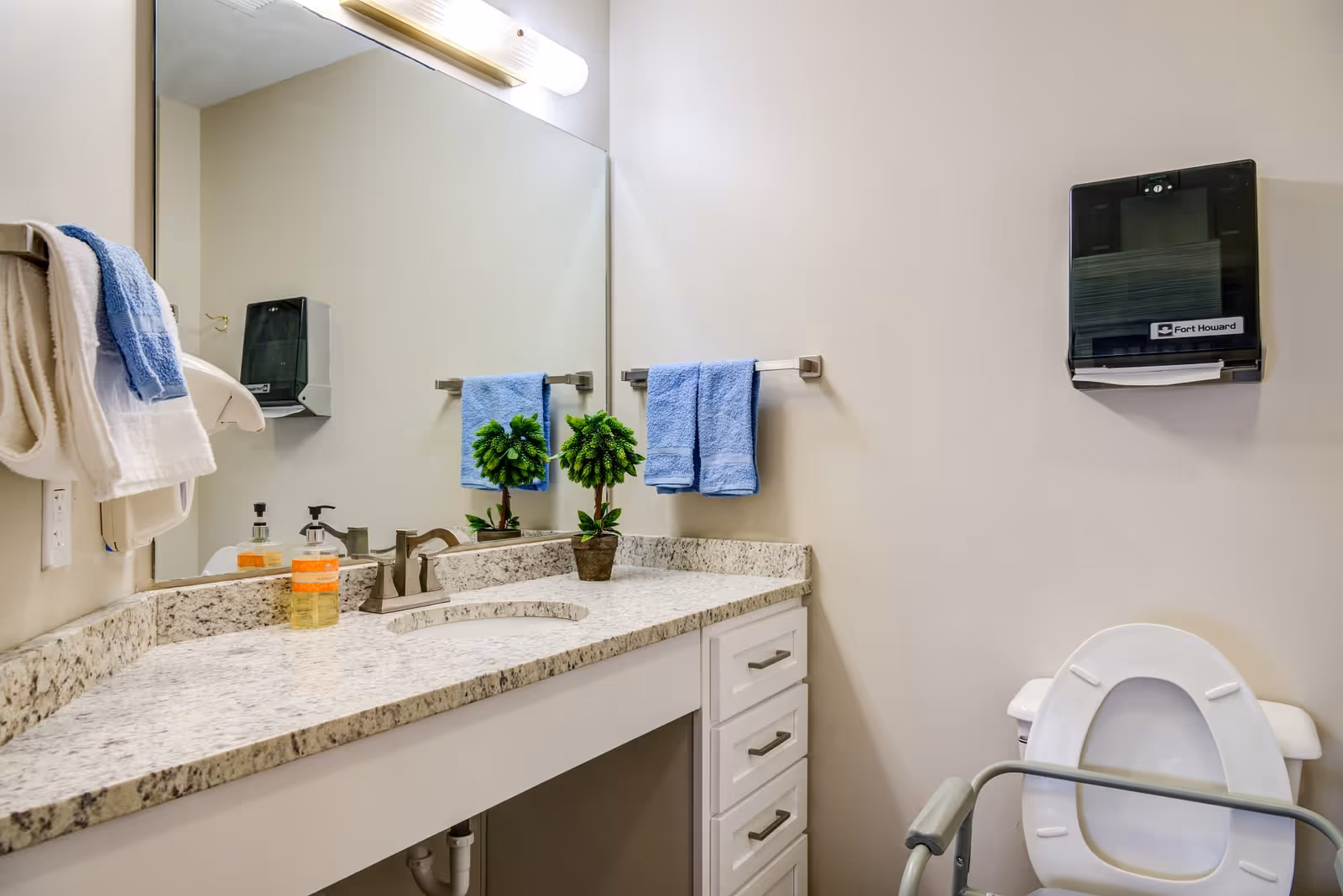 A clean bathroom with a granite countertop, a sink, and a large mirror above it. There are two blue hand towels hanging on a towel rack, a small potted plant on the counter, a soap dispenser, and a paper towel dispenser mounted on the wall. A toilet with a raised seat and arm supports is visible on the right side.