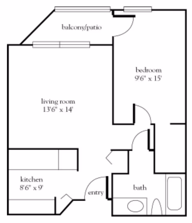 Floor plan of an apartment at Atria Bell Court Gardens showing a living room, bedroom, kitchen, bathroom, entry, and a balcony/patio.