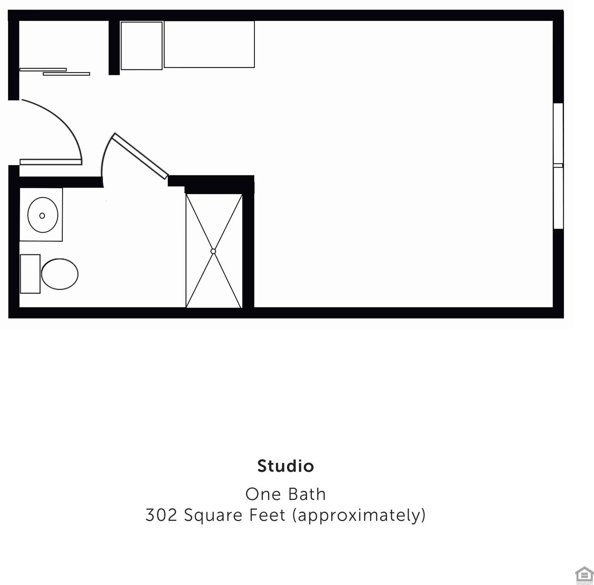 Floor plan of a studio apartment with one bathroom, approximately 302 square feet. The layout includes a bathroom with a toilet, sink, and shower, an entry door, and an open living/sleeping area with a closet.
