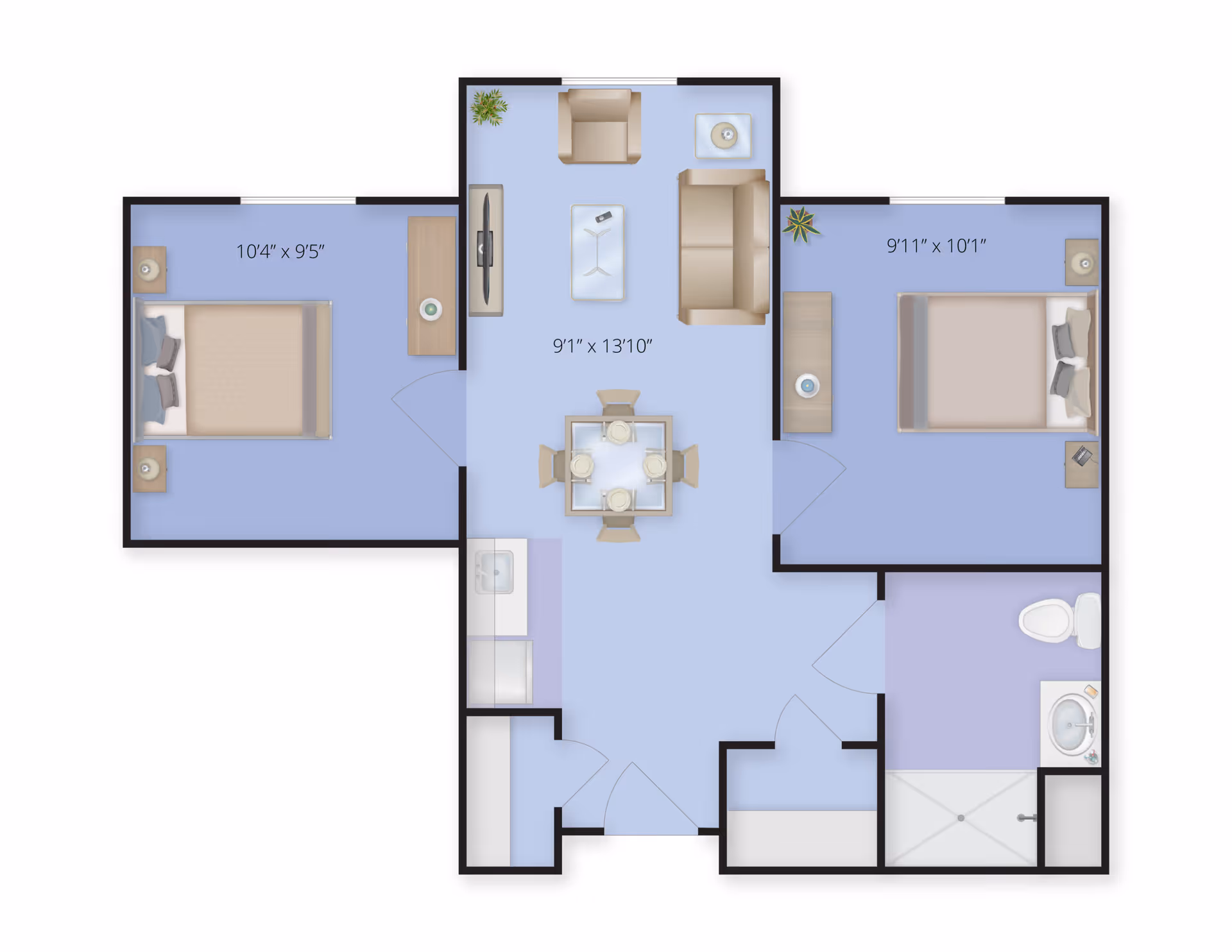 Floor plan of a senior living apartment at Juniper Village at Paramus showing two bedrooms, a living room with seating and a dining table, a bathroom with a shower, toilet, and sink, and a small kitchen area.