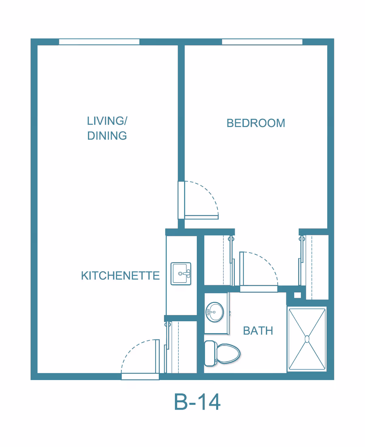 Floor plan layout of a senior living unit labeled B-14 at Independence Village of Columbus, showing a living/dining area, kitchenette, bedroom, and bathroom with a shower, toilet, and sink.