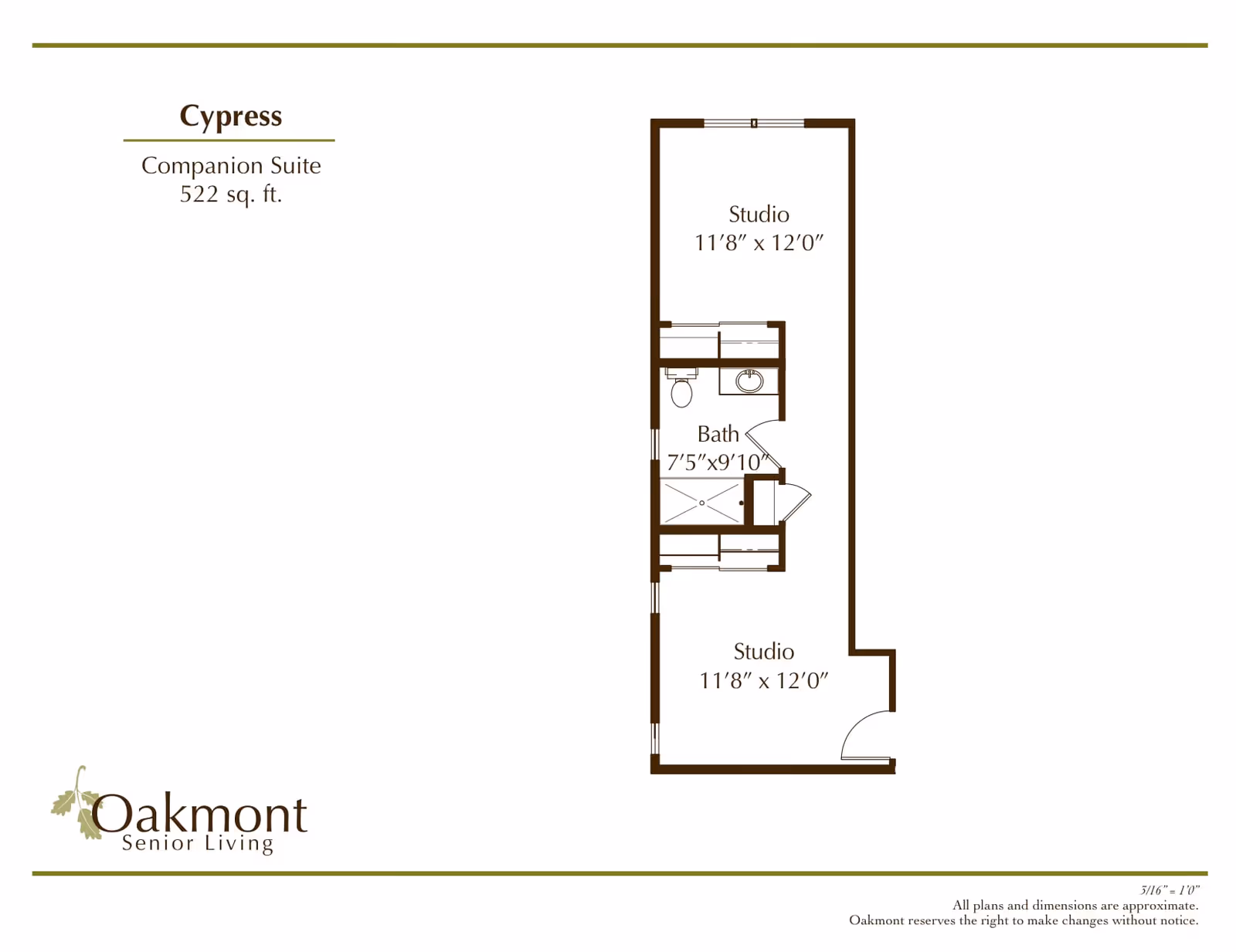 Floor plan of the Cypress Companion Suite at Oakmont Senior Living, showing two studio rooms each measuring 11'8" x 12'0", and a bathroom measuring 7'5" x 9'10" between them. The total area is 522 square feet.