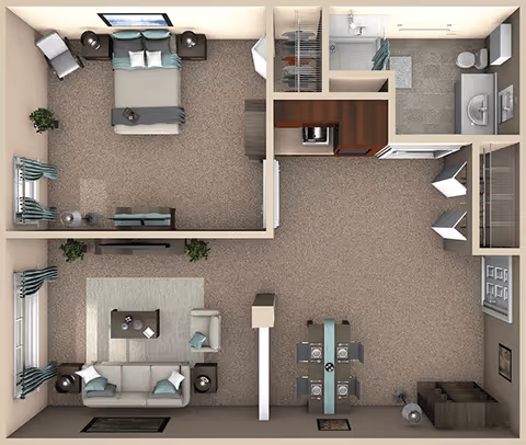 Top-down view of a senior living apartment floor plan showing a bedroom with a bed, nightstands, chair, and dresser; a living room with a sofa, armchair, coffee table, and TV stand; a dining area with a table set for four; a kitchen area; and a bathroom with a shower, toilet, and sink.