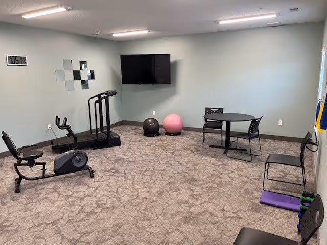 A small exercise room with light blue walls and patterned carpet. The room contains a recumbent exercise bike, a treadmill, two exercise balls (one black and one pink), a wall-mounted flat screen TV, a small round table with two chairs, and two additional chairs along the wall with some exercise mats and weights nearby.